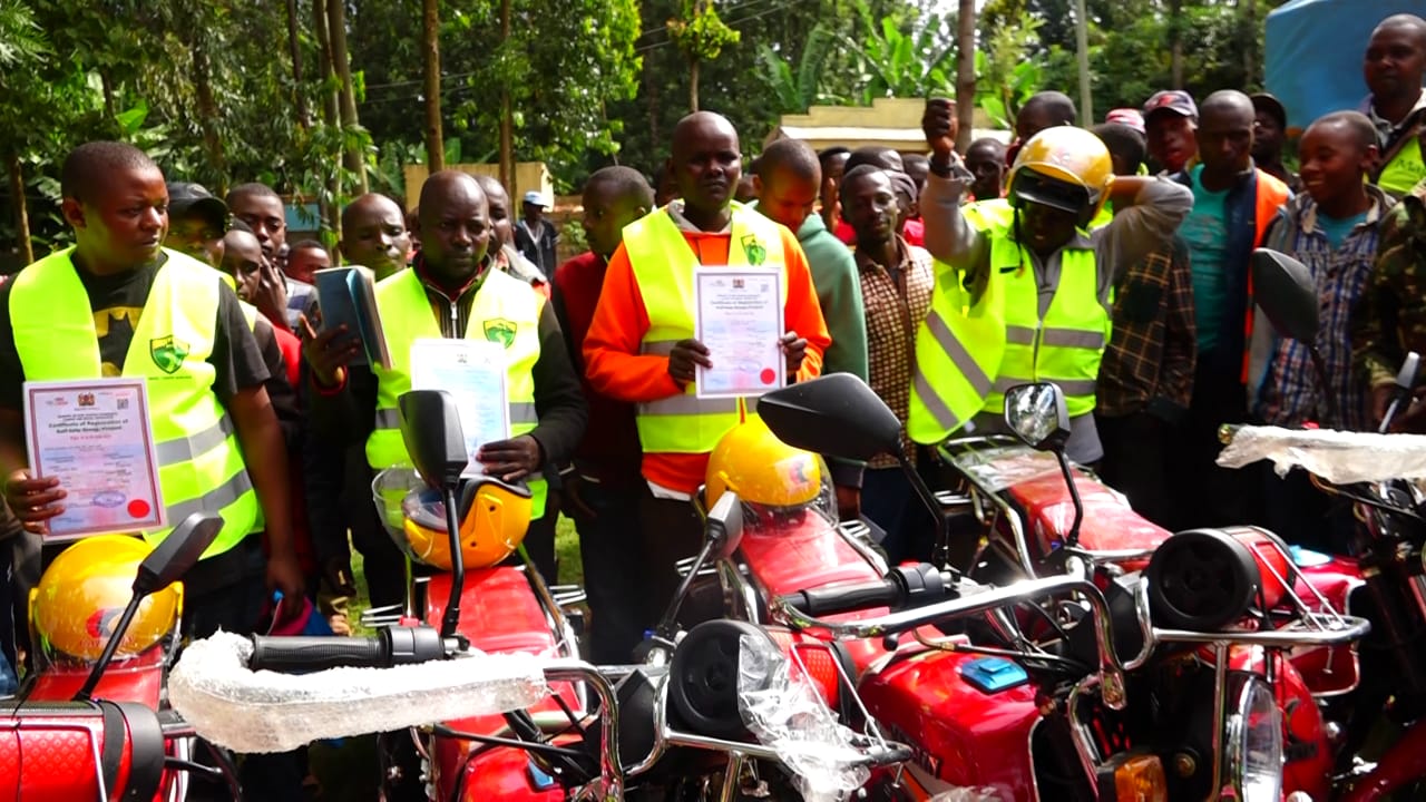 Kiguchwa boda boda groups receive new motorbikes courtesy of ward fund.